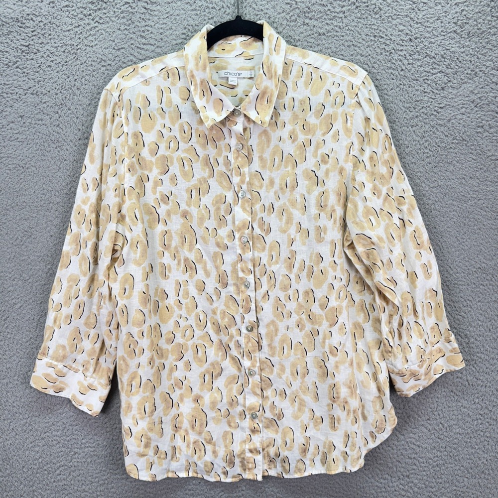 Chicos Top Womens 12 Tan Cream Animal Print Linen Button Shirt 3/4 Sleeve Office